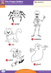 Five Creepy Spiders Worksheet - Vocabulary Coloring - Super Simple