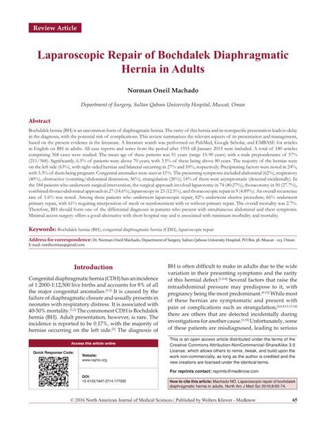 (PDF) Laparoscopic Repair of Bochdalek Diaphragmatic Hernia in Adults