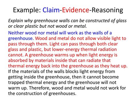 Claim Evidence Reasoning Science Examples