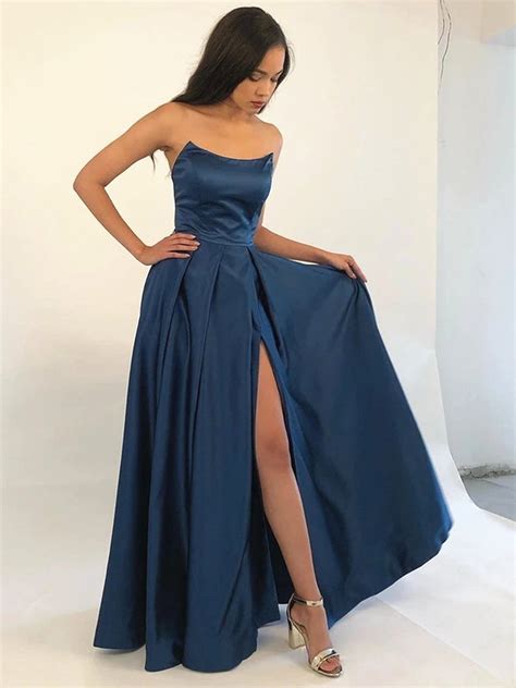 Strapless Navy Blue/Burgundy Prom Dress with Leg Slit, Navy Blue/ Wine ...