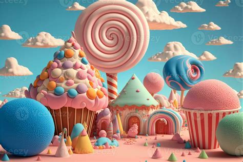 3D Render, Fantasy Colorful Candyland Background With Cupcake, Candies ...