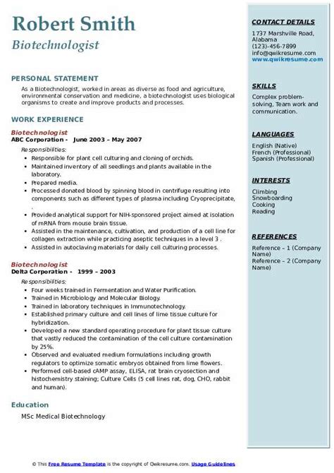 Biotechnologist Resume Samples | QwikResume