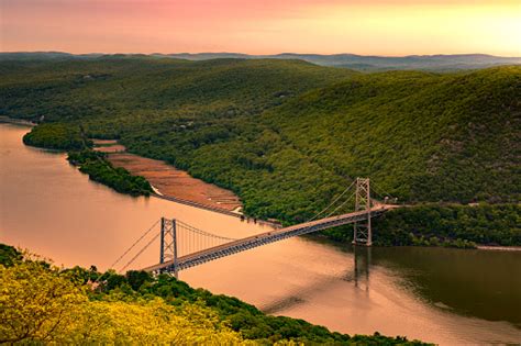 Aerial View Of Bear Mountain Bridge At Sunrise Stock Photo - Download ...