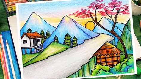 How to Draw Mountains Scenery Easy | Scenery Drawing | Mountain Scenery ...