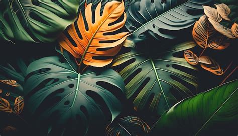 Free Photo | Texture background with different exotic leaves generative Al