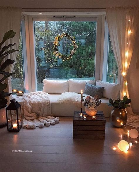 Beautiful room decor | String light | Candles | Living room designs ...