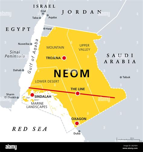 NEOM, regions and places, gray political map. Planned linear smart city ...