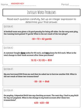 Integer Word Problems - 9 problem worksheet by Captivating the Middle