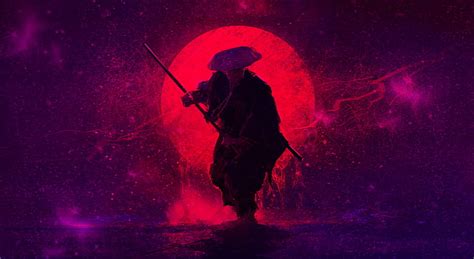 HD wallpaper: samurai digital painting, sunset, space, purple sun ...