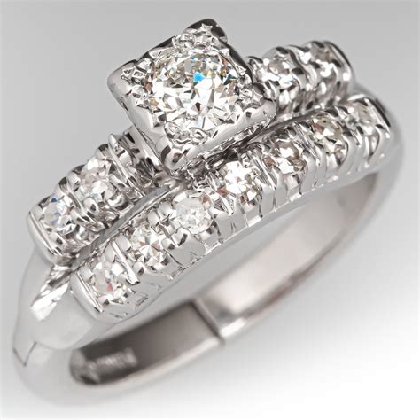 Vintage Wedding Set w/ Fingermate Shank 14K White Gold