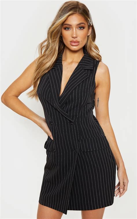 Black Pinstripe Sleeveless Blazer Dress | PrettyLittleThing CA