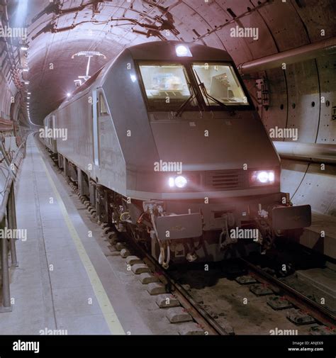 Eurotunnel Shuttle Train travelling in a Channel Tunnel rail tunnel ...