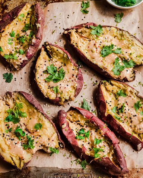 Baked Japanese Sweet Potatoes with Miso Tahini Butter - Rainbow Plant Life