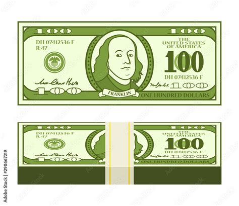 Cartoon 100 dollar bill with stylized Franklin portrait. Money pack ...