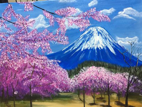 An acrylic painting of Mt Fuji and the cherry blossoms, in Japan. This ...