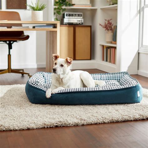 FRISCO Rectangular Bolster Dog Bed w/Removable Cover, Navy Hounds Tooth ...