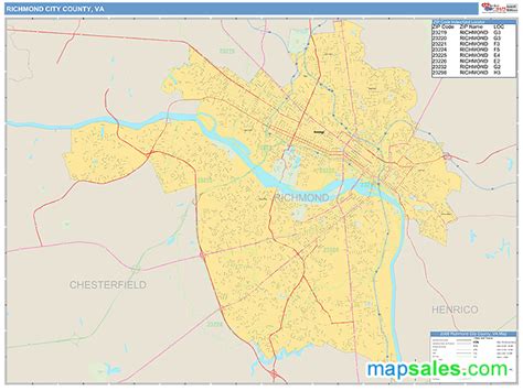 Richmond City County, VA Zip Code Wall Map Basic Style by MarketMAPS