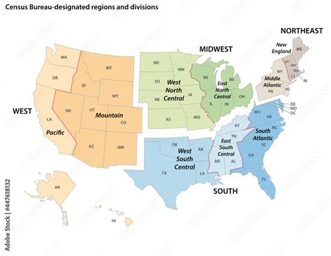 Vector map of the United States census bureau designated regions and ...