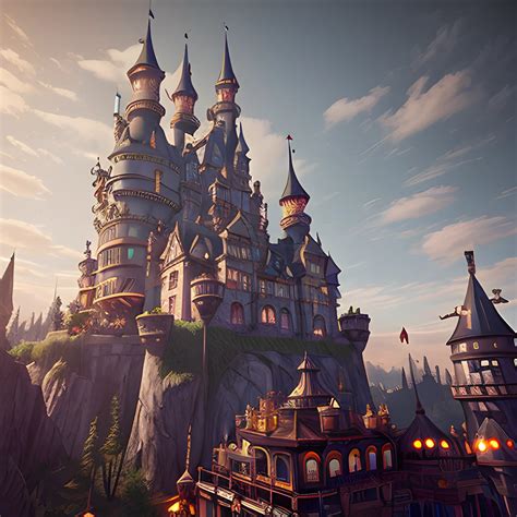 upshot of steampunk castle inside an amusement park, cinematic ...