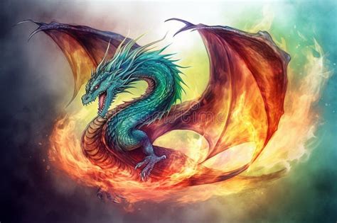 Dragon Spitting Fire and Flames. Fierce Dragon with Wings Open ...