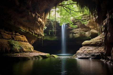 A waterfall is visible through a cave in the middle of a forest ...