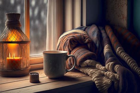 Premium Photo | Cozy window sill with blanket and cup of hot tea