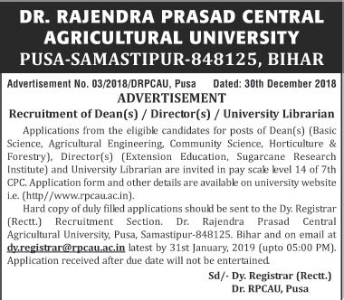 Dr Rajendra Prasad Central Agricultural University Required Deans ...