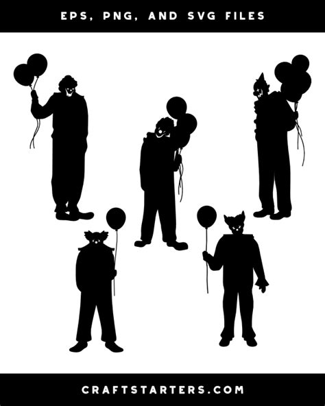 Scary Clown with Balloon Silhouette Clip Art