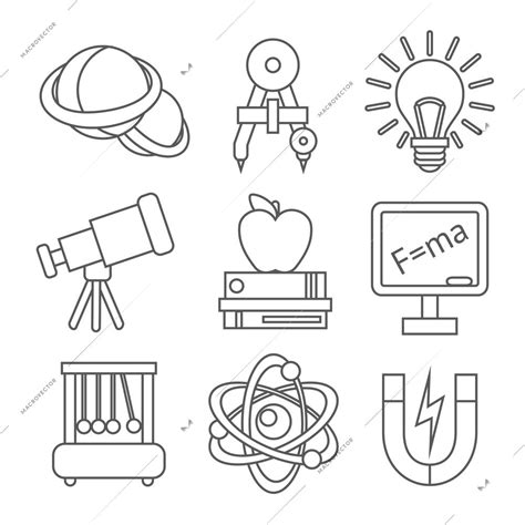 Physics science equipment school laboratory outline education icons set ...