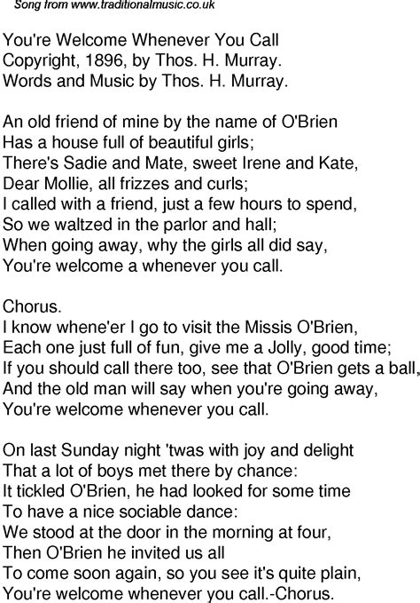 Old Time Song Lyrics for 57 Youre Welcome Whenever You Call