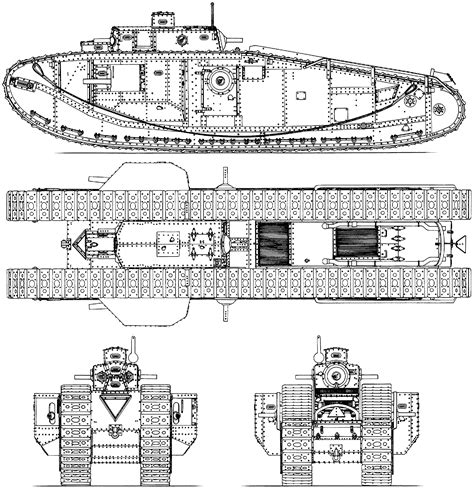 Tank Mark VIII Blueprint - Download free blueprint for 3D modeling