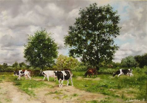 Cows grazing, ORIGINAL OIL PAINTING on canvas, Country Landscape, Farm ...