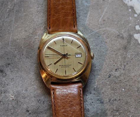 Vintage Timex Watch Automatic Brown Leather Strap Gold Tone