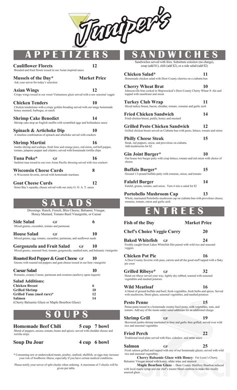 Junipers Gin Joint menu in Fish Creek, Wisconsin, USA