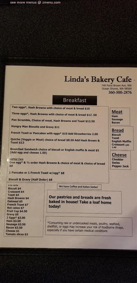 Online Menu of Lindas Bakery and Cafe Restaurant, Ocean Shores ...