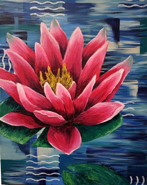 16x20 Original Acrylic Painting of Textured Pink Water Lily on Lily Pad ...