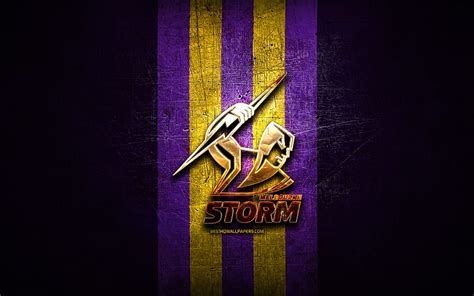 Melbourne Storm, golden logo, National Rugby League, violet metal ...