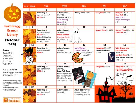 October Calendar of Events 2019 - Fort Bragg Library