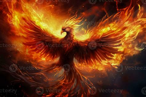 Mythical Flaming Phoenix Firebird sparks and flames on fiery background ...