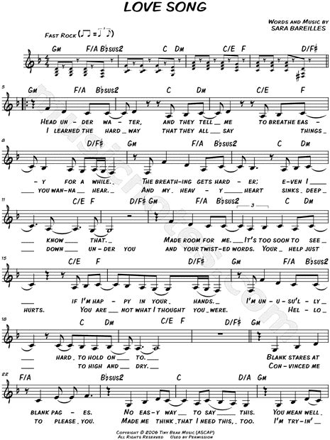 Love Song Lyrics By Sara Bareilles / Love Quotes Love Songs Sheet Music ...