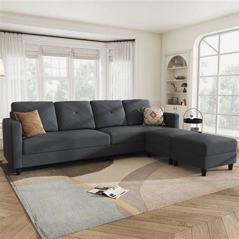 HONBAY Modern L-Shaped Linen Fabric Sectional Sofa Set, Dark Grey ...