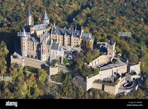 HOHENZOLLERN CASTLE (aerial view). Castle on a forested hill with ...