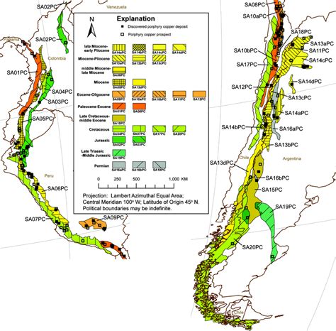 Map showing porphyry copper deposit tracts by age, discovered deposits ...