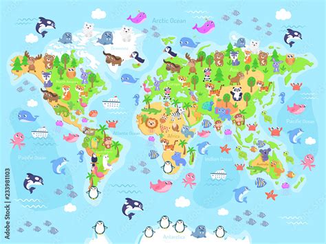 Vector illustration of world map with animals for kids. Flat design ...