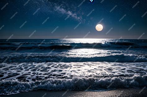 Premium AI Image | Night ocean landscape full moon and stars shine