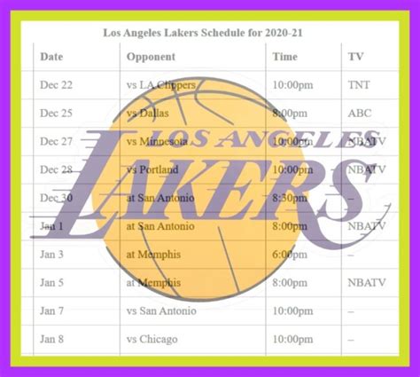 Printable Los Angeles Lakers schedule, TV schedule for 2020-21 season ...