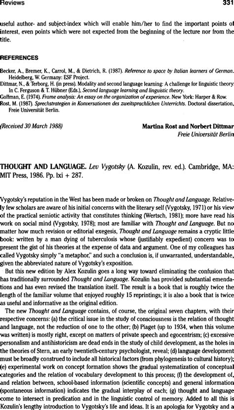 Thought and Language. Lev Vygotsky (A. Kozulin, rev. ed.). Cambridge ...