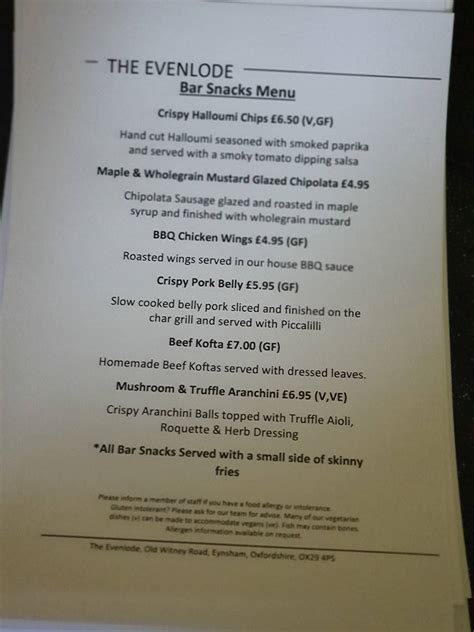 Menu at The Evenlode pub & bar, North Leigh