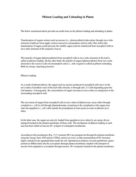 Phloem Loading and Unloading in Plants - Translocation of organic ...