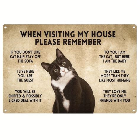 1pc Funny Tuxedo Cat Rules Metal Sign 8x12inch, When Visiting My House ...